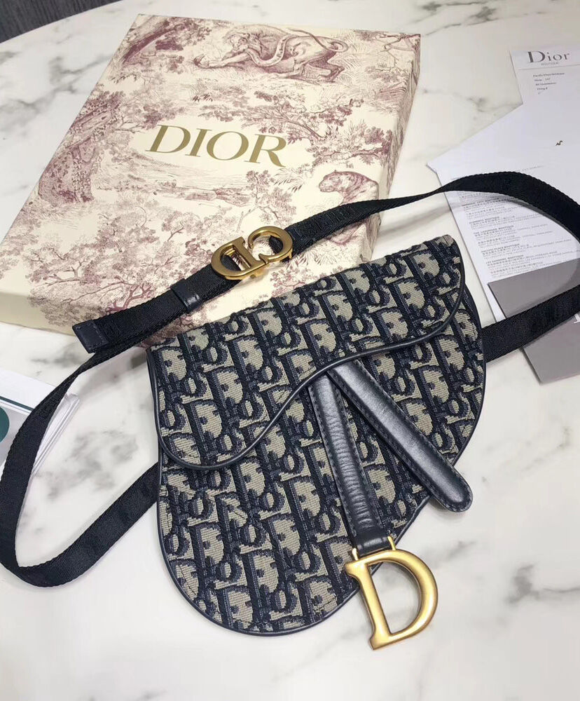 Christian Dior Oblique Saddle Canvas with Leather Belt Bag Dark Blue